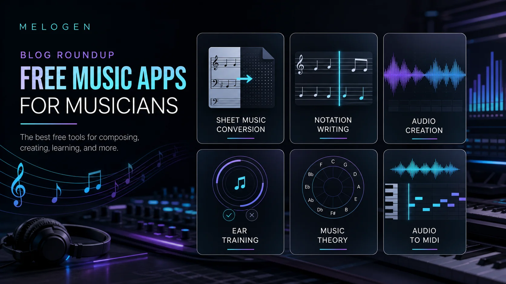 Free music app roundup for musicians comparing score conversion, notation, audio creation, theory, ear training, and audio-to-MIDI