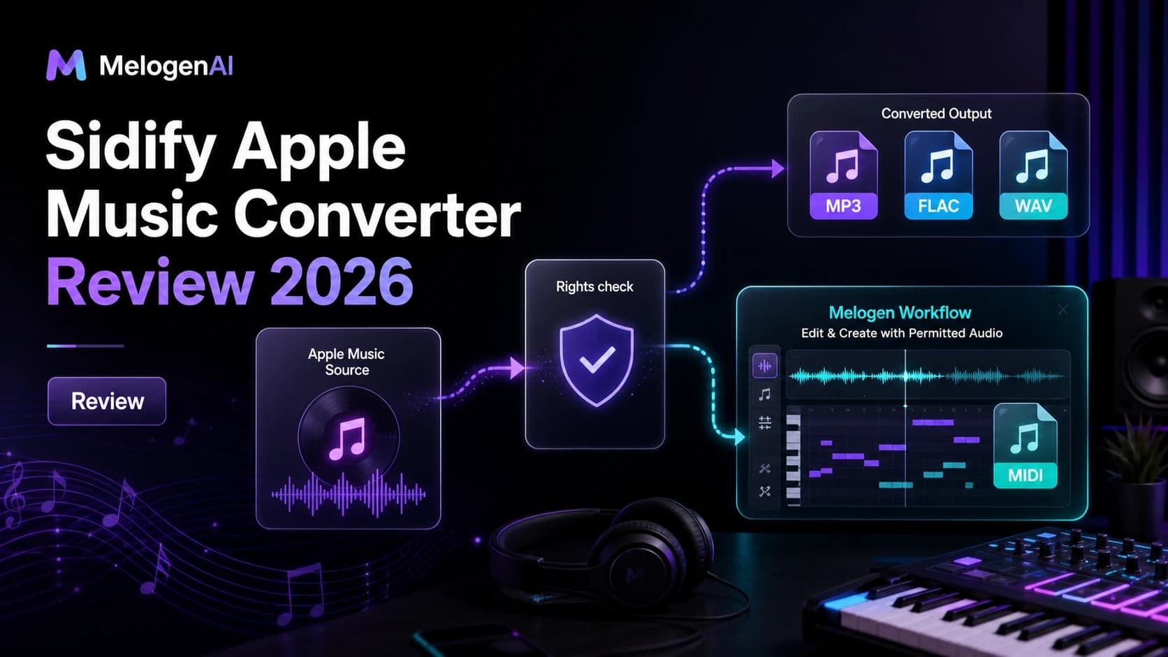 Editorial cover for a Sidify Apple Music Converter review with rights check and music workflow paths