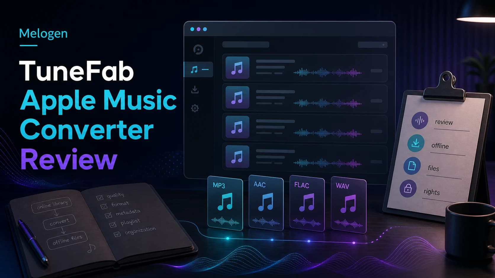 Editorial cover for a TuneFab Apple Music Converter review with file, offline, and rights checks