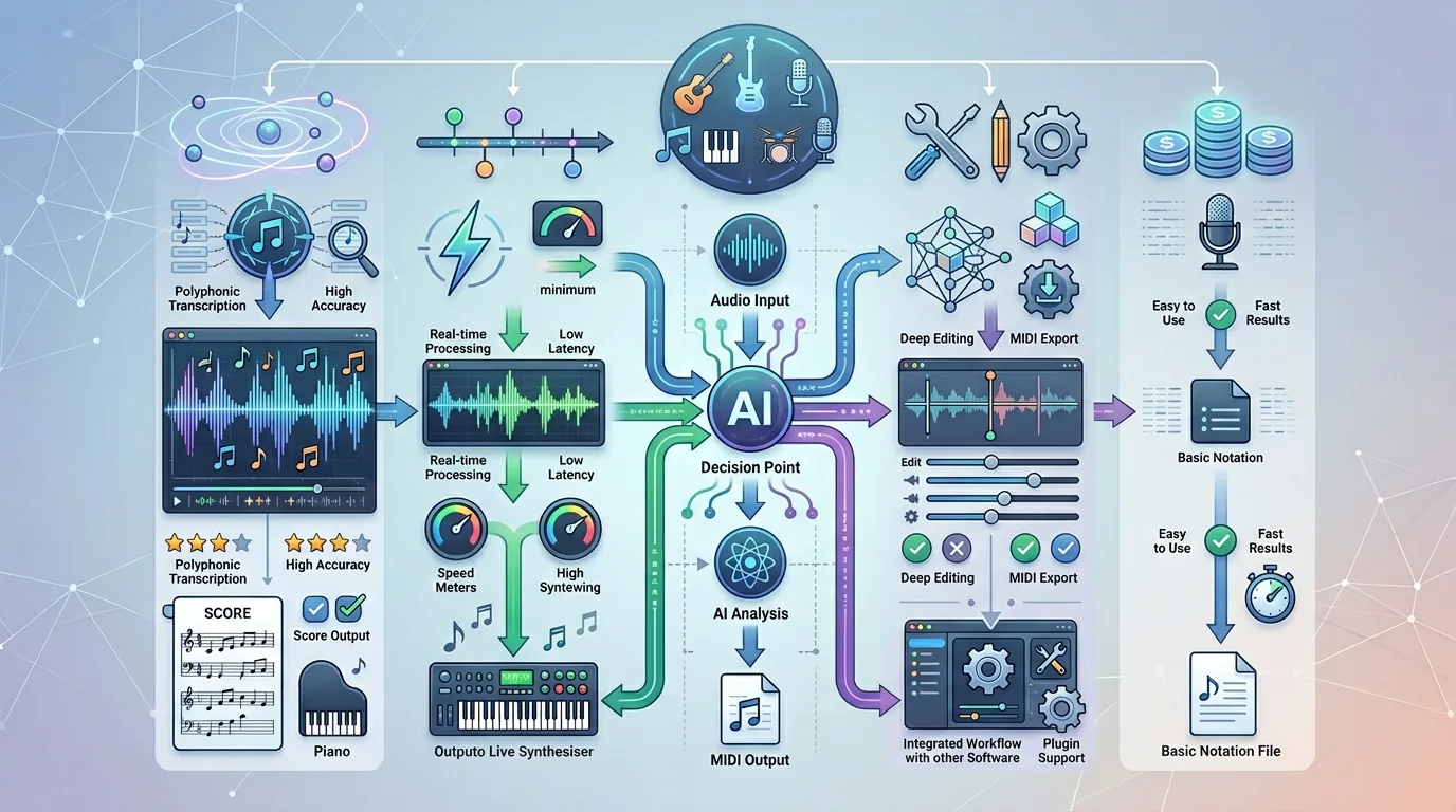 Confronto di strumenti di trascrizione musicale IA per sorgente e formato di output