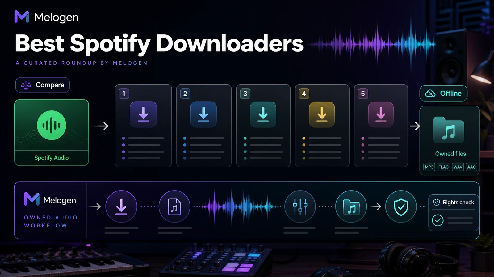 Spotify Downloader Karte mit offizieller Offline-Wiedergabe, Converter-Recherche, technischen Tools und erlaubter Audiobearbeitung