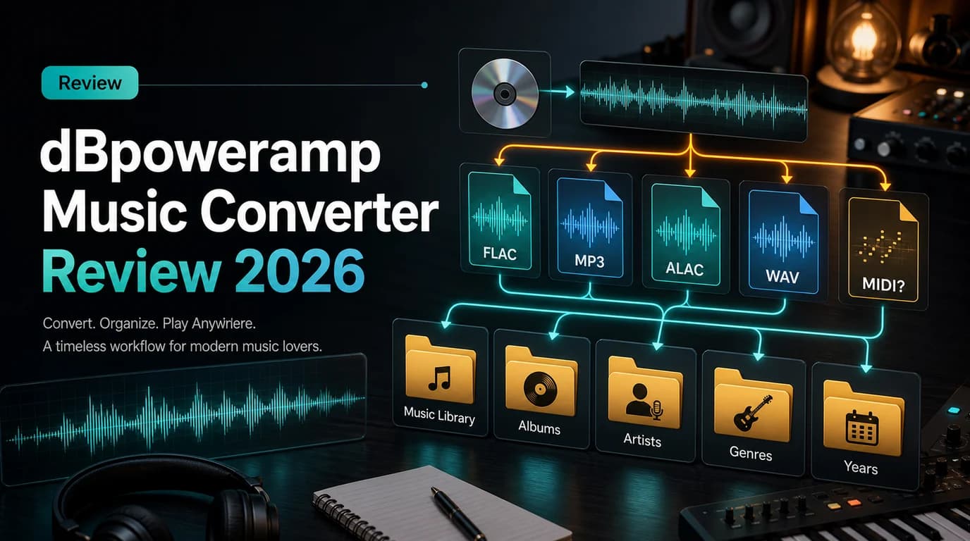 dBpoweramp Music Converter Testcover mit Audioformat-Karten und Bibliotheksordnern