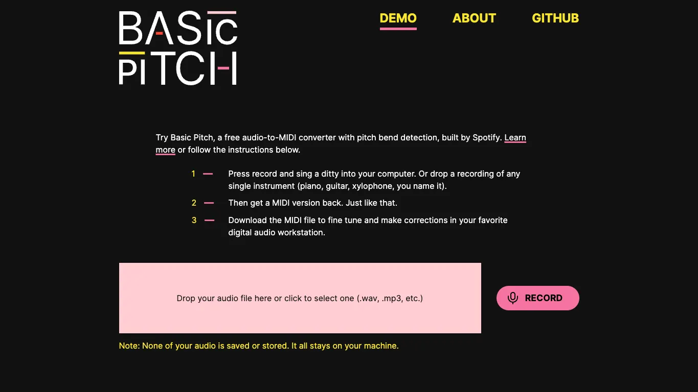 무료 오디오 MIDI 변환을 보여 주는 Basic Pitch 제품 화면
