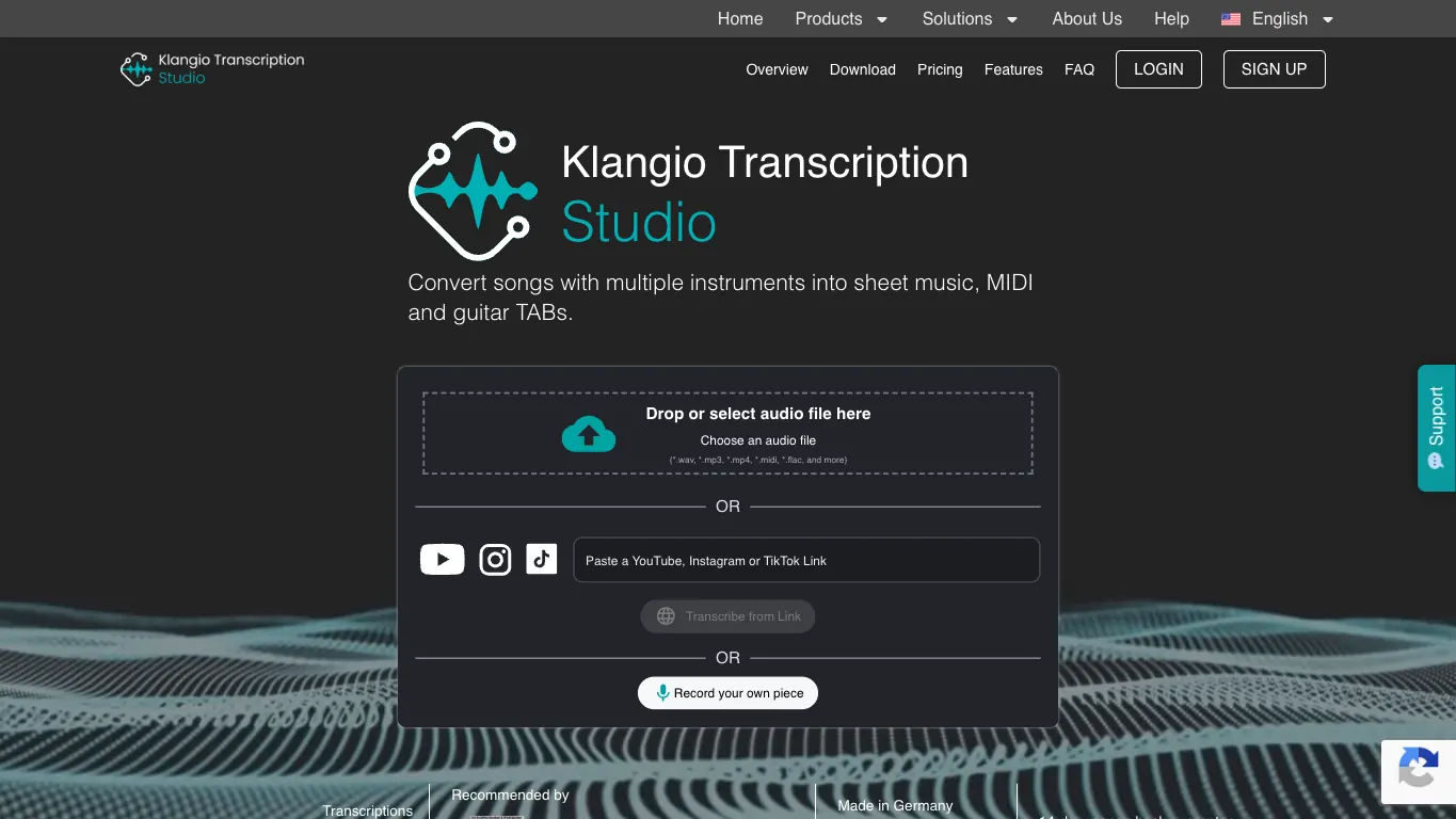 Klangio Transcription Studio의 악기별 채보 제품 화면