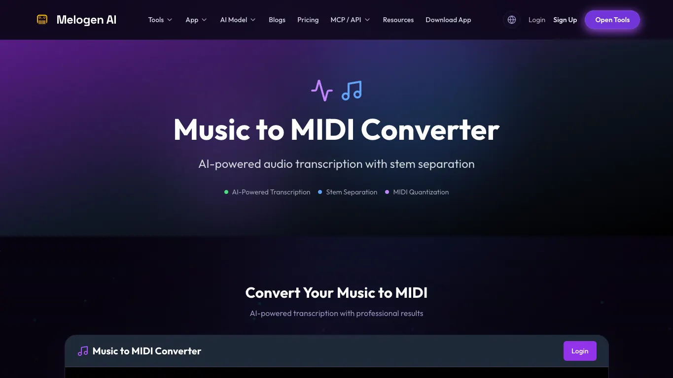 브라우저 기반 음악 MIDI 변환 흐름을 보여 주는 Melogen 제품 화면