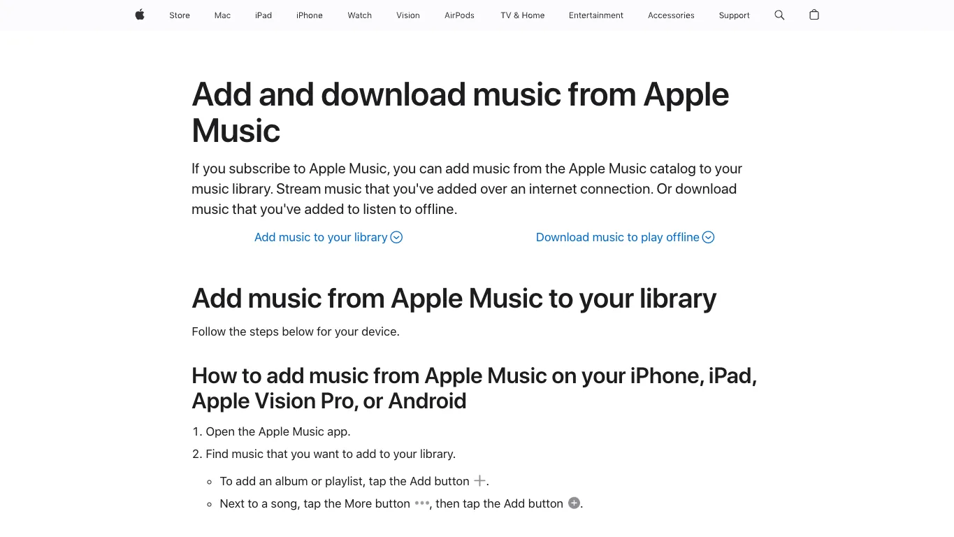 Offizielle Support-Seite zu Apple Music Downloads
