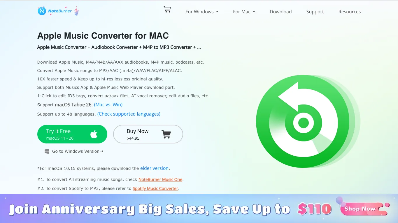 Öffentliche Produktseite von NoteBurner Apple Music Converter