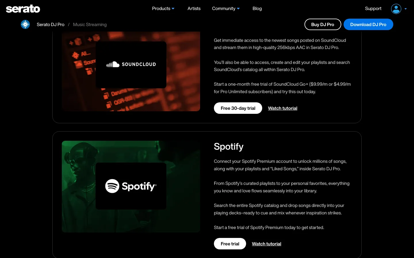 Serato DJ Pro official music streaming page showing Spotify support
