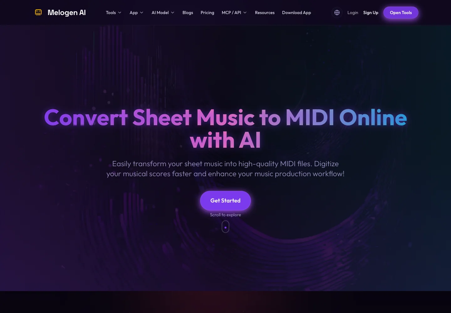 Melogen Sheet2MIDI product page showing browser-based sheet music to MIDI conversion