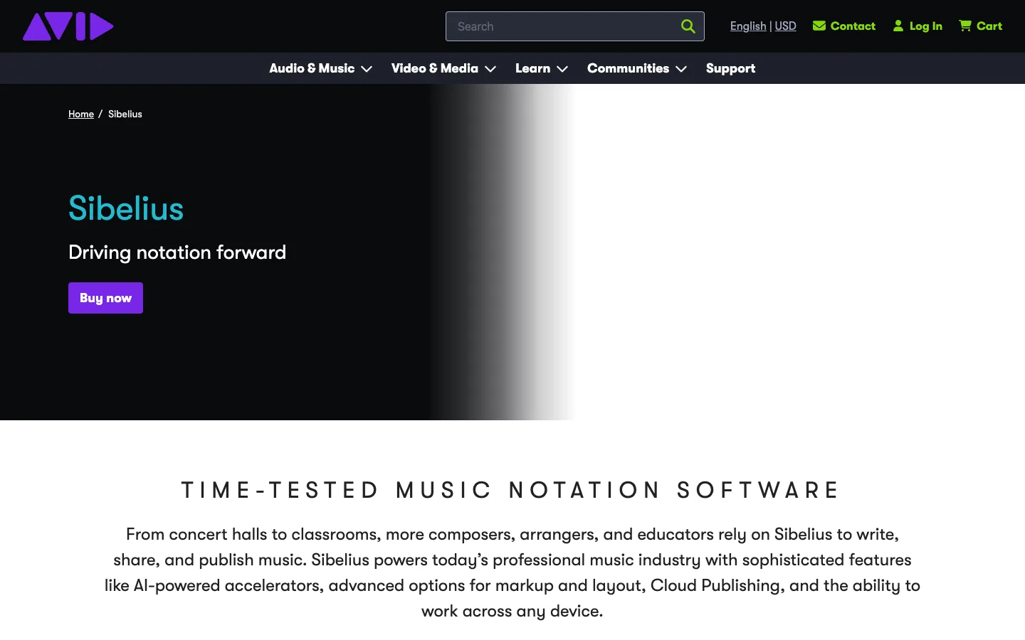 Página de producto Avid Sibelius para software de notación musical