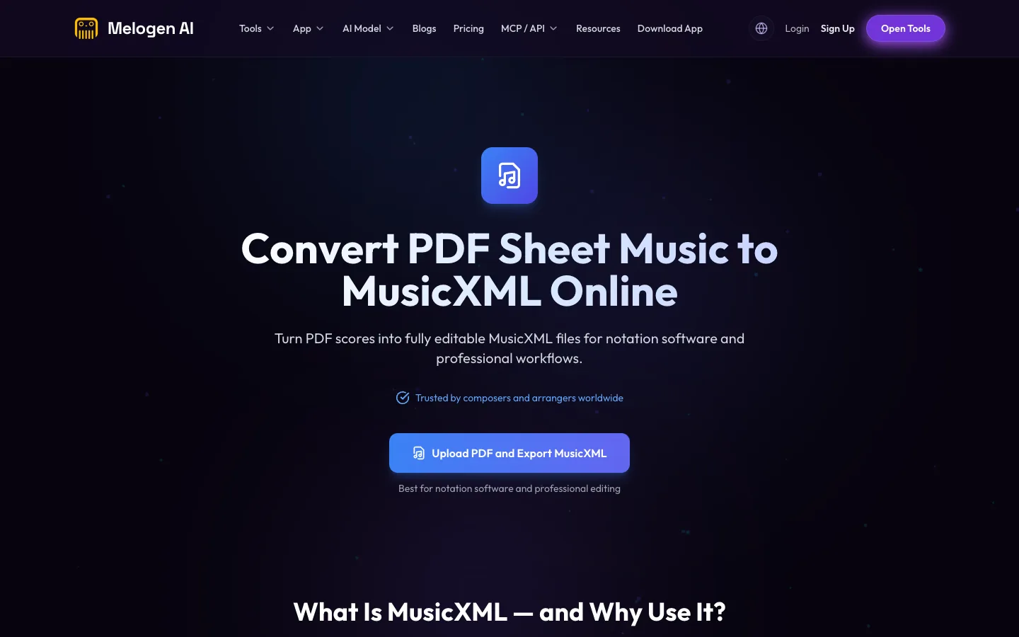 Página Melogen PDF to MusicXML con conversión de partituras PDF desde navegador