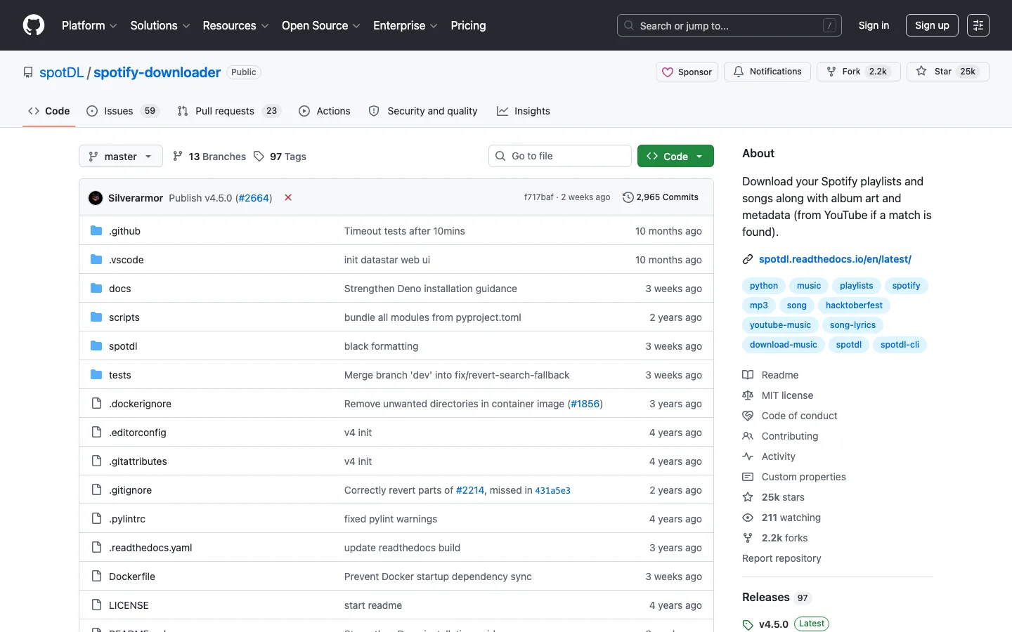 spotDL Projektseite auf GitHub
