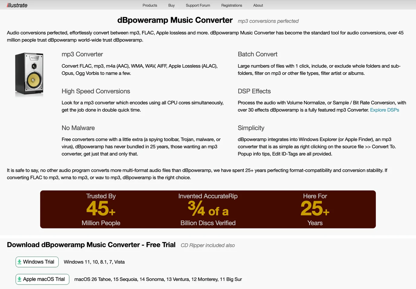Offizielle dBpoweramp Music Converter Seite mit Formaten, Stapelkonvertierung, DSP-Effekten und Testdownload