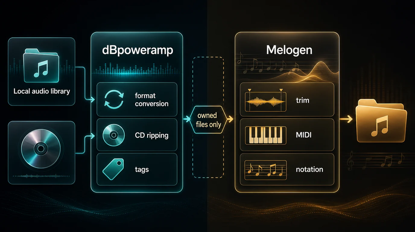 Workflow-Diagramm mit dBpoweramp-Formatkonvertierung und Melogen-Trimmen, MIDI und Notationspfaden für eigene Dateien