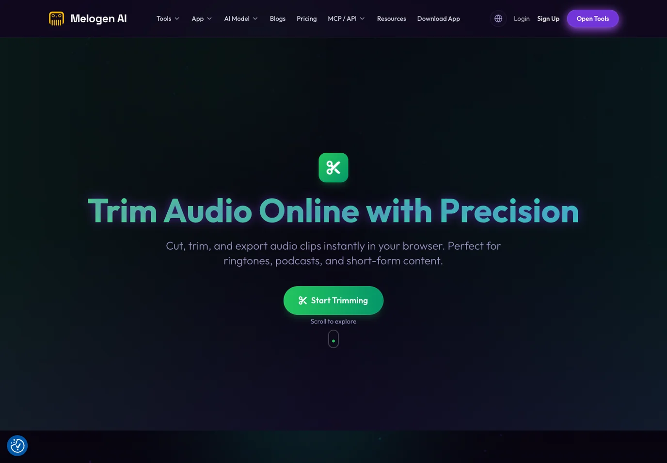 Melogen Music Trimmer Seite mit browserbasiertem Audio-Trimming für eigene Clips