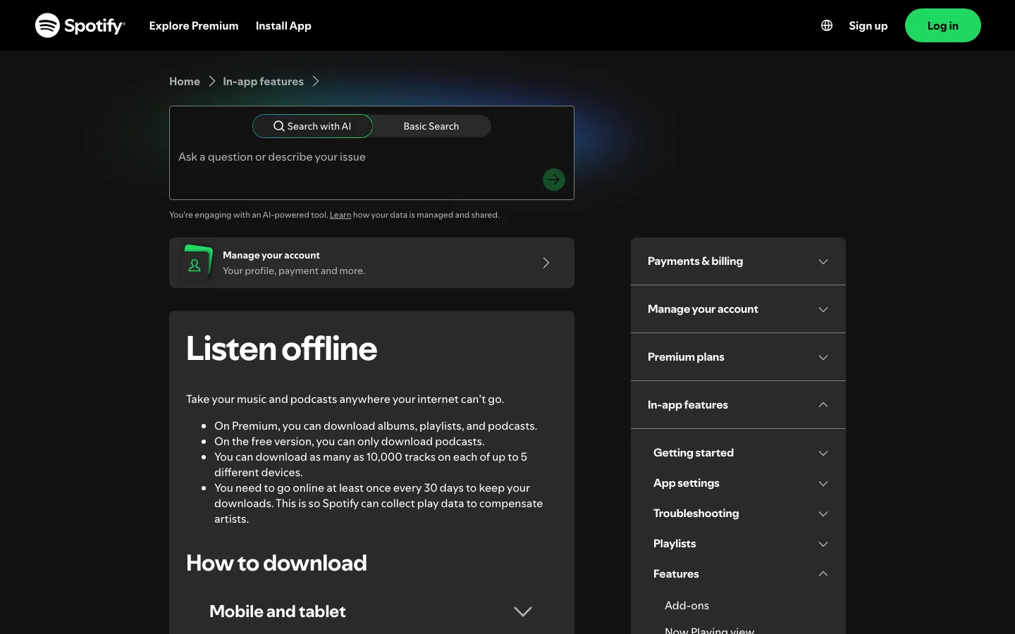 Página oficial de soporte de escucha offline de Spotify