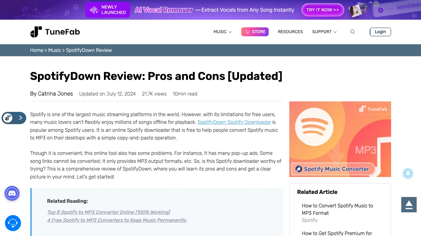 Captura de la página pública de reseña SpotifyDown de TuneFab