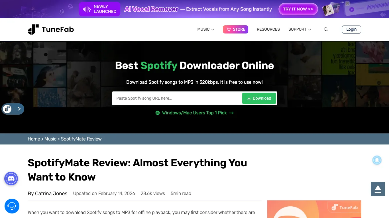 Screenshot der öffentlichen TuneFab SpotifyMate Review-Seite
