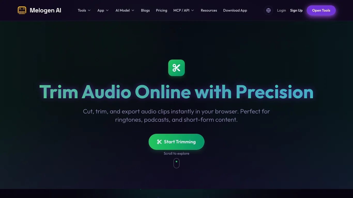 Melogen Music Trimmer public page screenshot