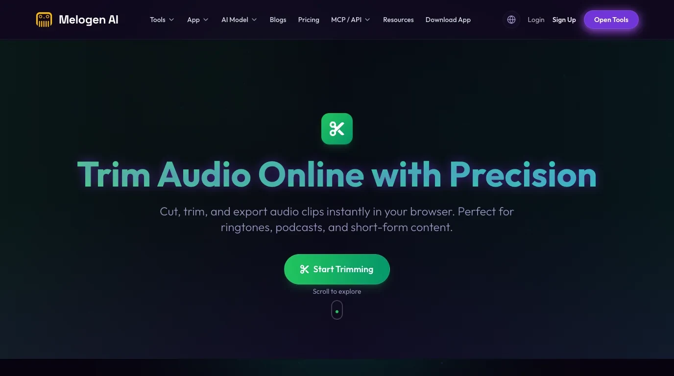 Melogen Music Trimmer public page showing the browser-based audio clipping workflow